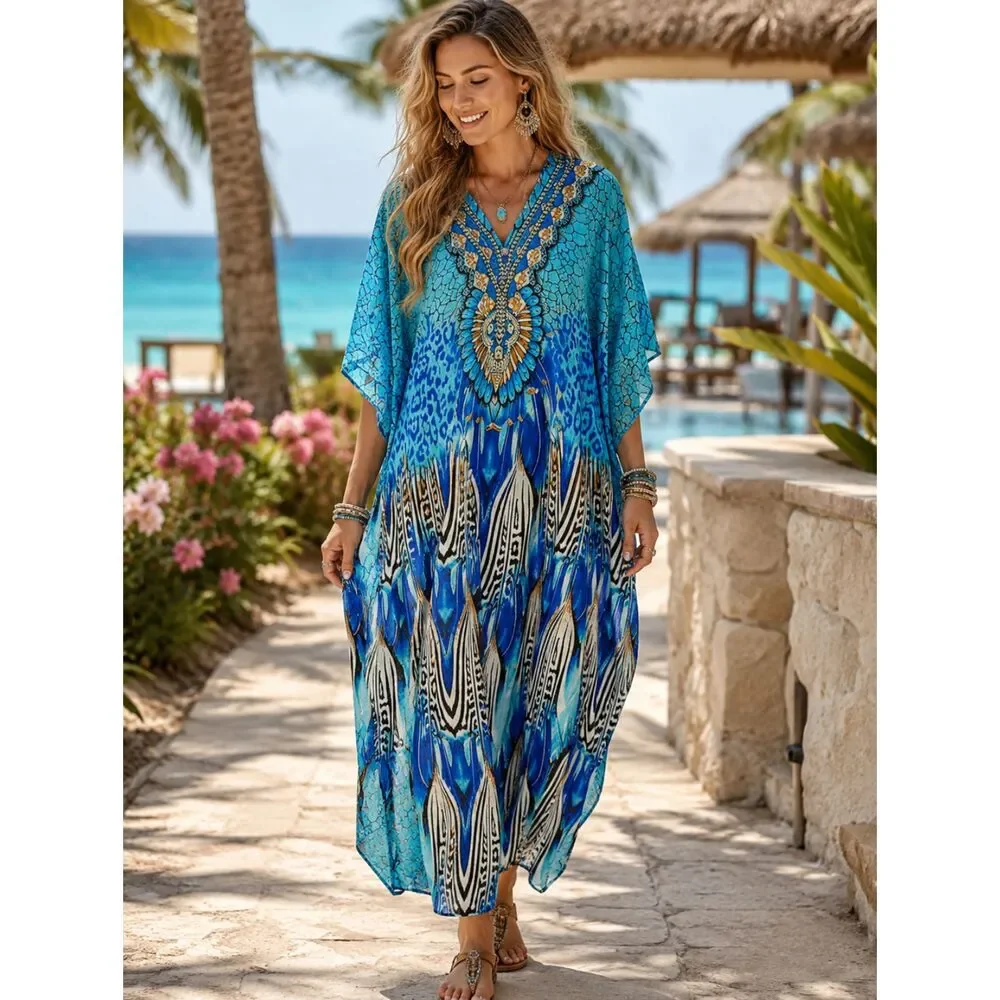 Vintage Winlar Kaftan Maxi Dress One Size Blue Satin Resort Boho Baroque Print